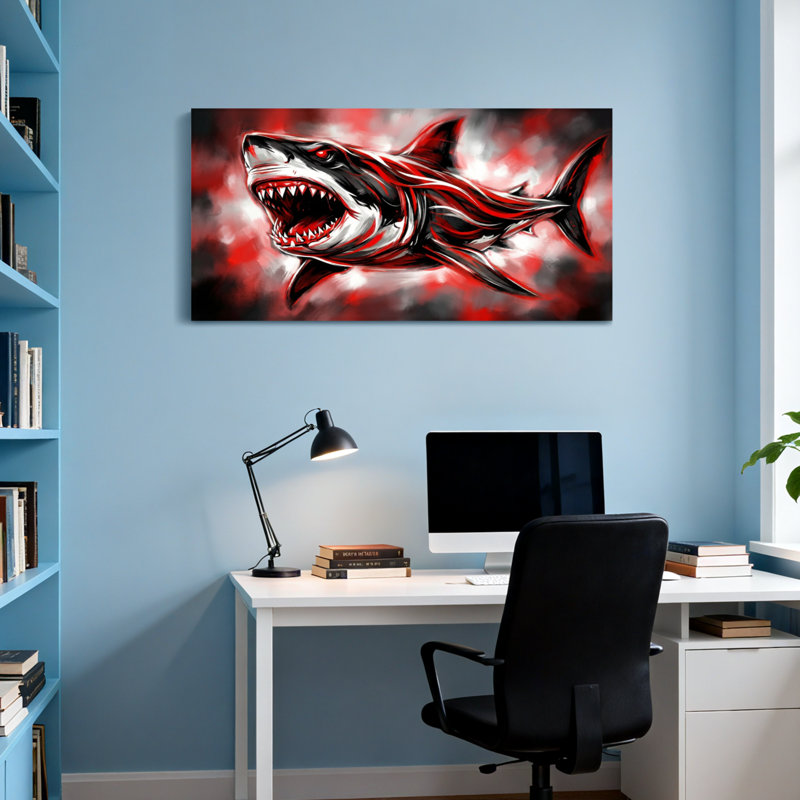 Animaux, requin rouge et noir avec une bouche ouverte, H 16 po x l 32 po