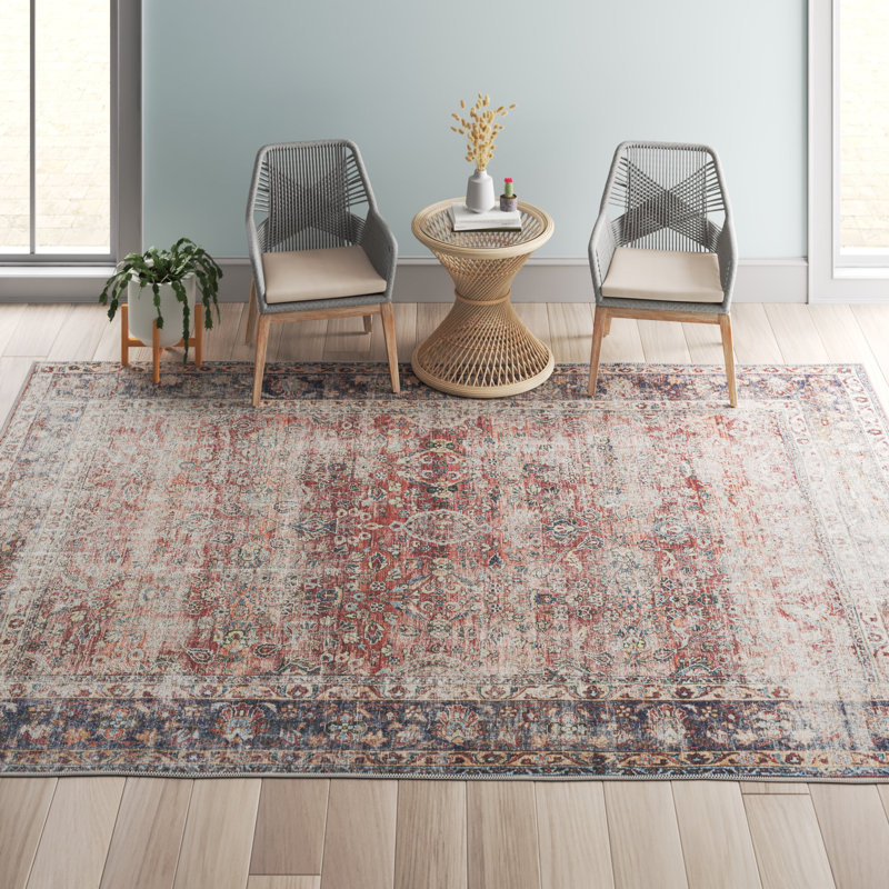 Tapis oriental en polyester tissé à la machine Andikan - mauve / gris / rouge, Rectangle 5 pi 3 po x 7 pi