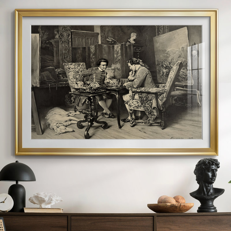 Les joueurs d'échecs-Ernest Meissonier-Reproduction encadrée avec passe-partout et verre-1858, 26,5 x 36,5, Doré