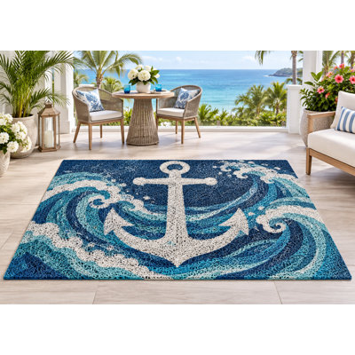 Tapis d'extérieur 152 x 213 cm, motif vagues et ancres blanches, en PVC épais, imperméable et bouclé, idéal pour terrasse, balcon, VR ou toute autre pièce. Séchage rapide.