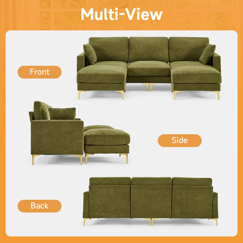100'' Green Chenille U-Shaped Square Couch With 2 Ottoman And Side Storage, Green