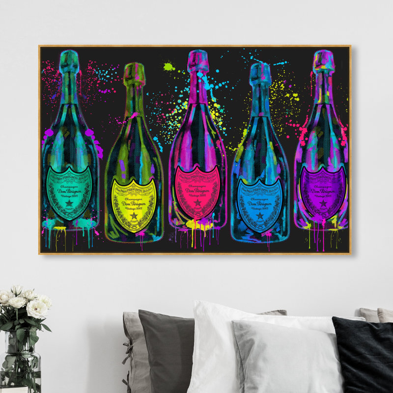 Drinks and Spirits Luminous Party Champagne Bottles, impression sur toile, H 30 po x l 45 po, Cadre flottant doré