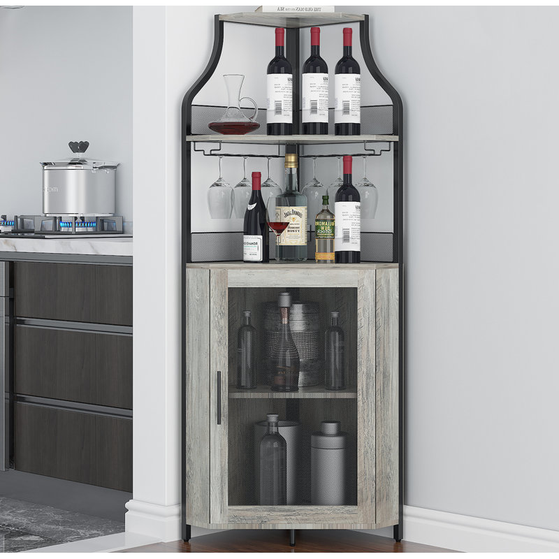 Corner Bar Rack Cabinet With Detachable Wine Rack And Glass Rack, Gray