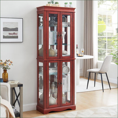Curio Display Cabinet with Built-In Light, Adjustable Glass Shelves | Modern Cherry | MDF+Glass