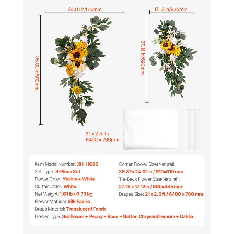 Ensemble de fleurs artificielles pour arche de mariage, fleurs jaunes pour arche de mariage avec draperies (lot de 3) - 2 arrangements floraux, 1 draperie transparente