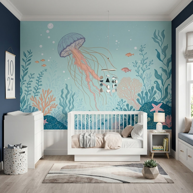 Décoration murale sous-marine amovible méduse océan, 120 po x 96 po, Peler et coller