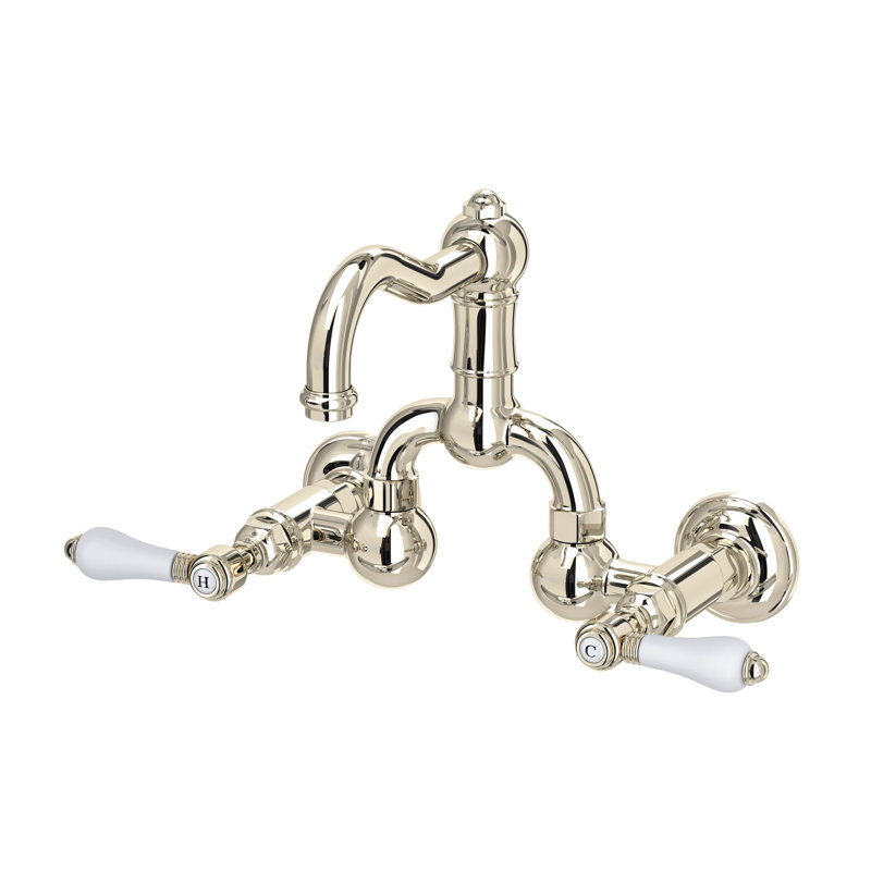 Acqui® Wall Mount Bridge Lavatory Faucet with Column Spout, Porcelain Metal Lever, Polished Nickel