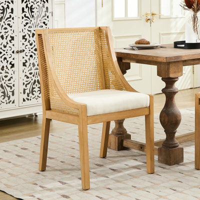 Chaise de salle à manger de style français américain rustique avec cadre en bois d'hévéa massif, siège décoratif et rembourré en lin beige pour la salle à manger, la cuisine et le salon, 23,49 po de profondeur, 21,93 de largeur, 36,91 po
