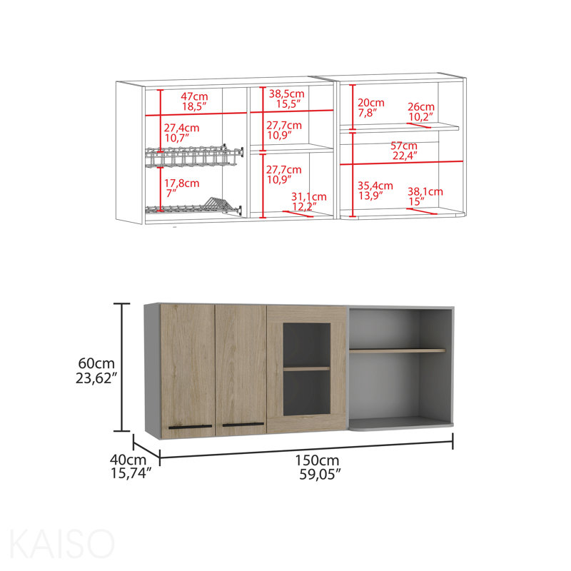 Armoire murale, double porte, armoire en verre, support en pin clair