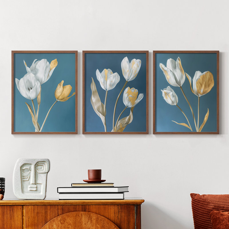 Étude florale série li-ensemble de 3 estampes giclées encadrées-prêt à accrocher, H 28 po x l 66 po, Noyer