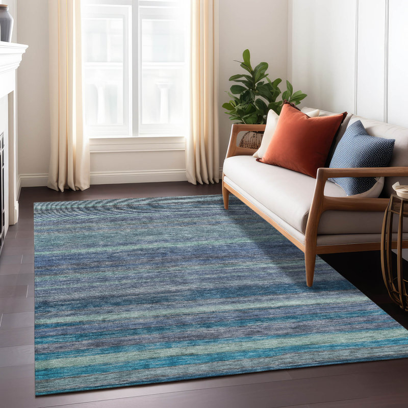 Addison 3' x 5' Blue Synthetic Stripe Washable Rug