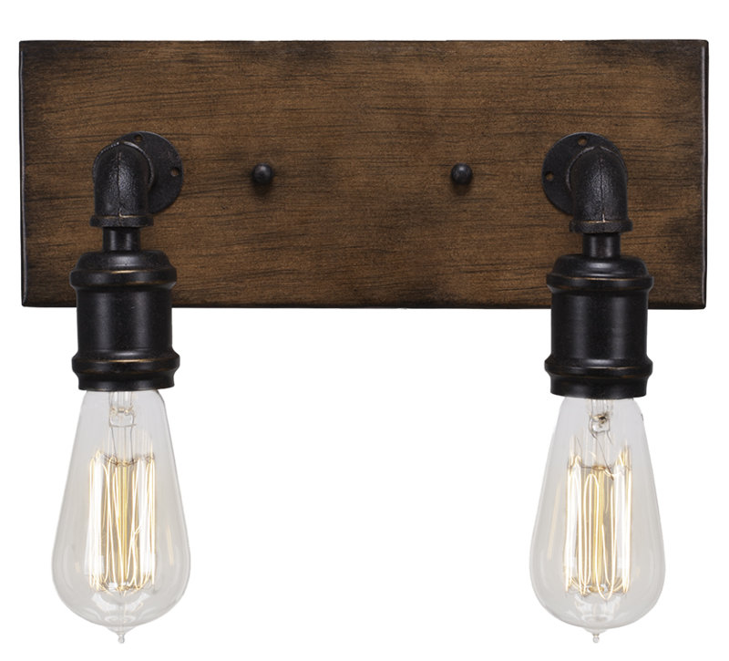 Barre d'éclairage de salle de bain Portland 2 lumières en métal aspect bois peint et finition granite foncé avec ampoules ambrées antiques