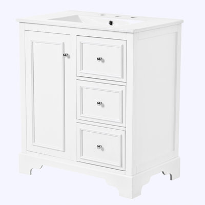 bathroom vanity cabinet with ceramic basin, 3 drawers and adjustable shelves