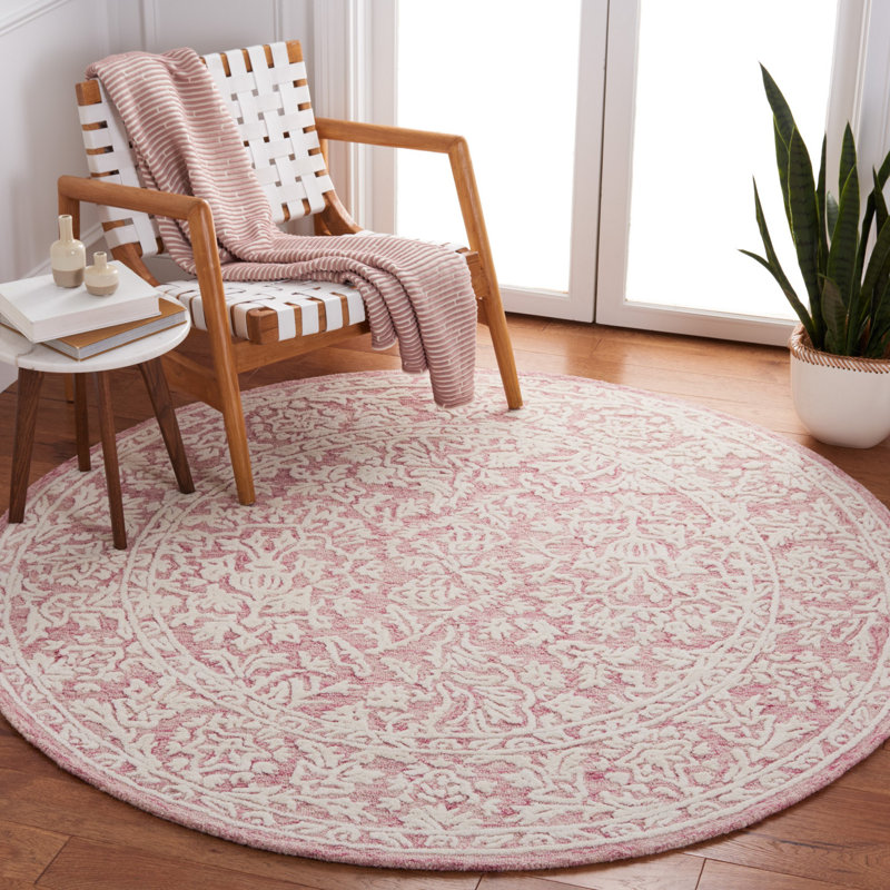 Teasdale Oriental Handmade Tufted Wool Area Rug in Pink/Ivory, Round 6'