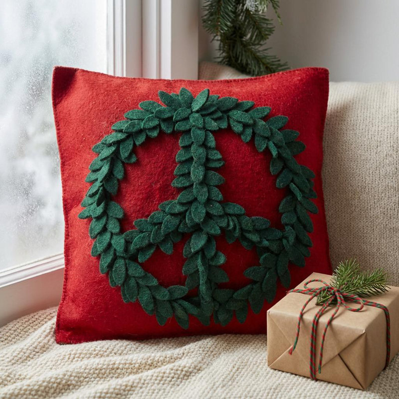 Hand Felted Wool Pillow – Green Peace Sign On Red – 20", Pillow Cover Only - No Insert