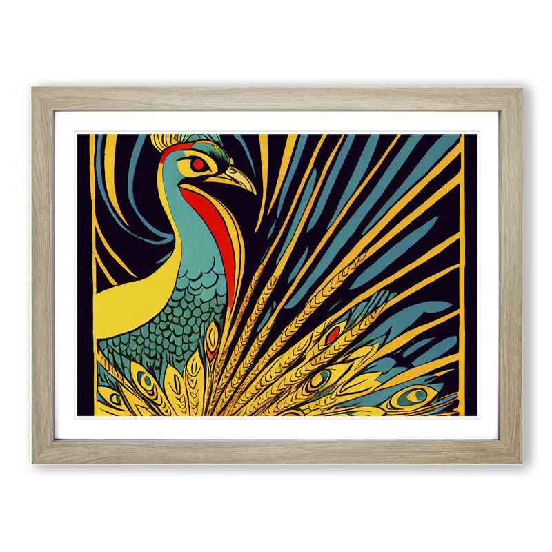 XH1022-8972X The Neat Peacock - Single Picture Frame Print, 46cm H x 64cm W x 2cm D, Oak