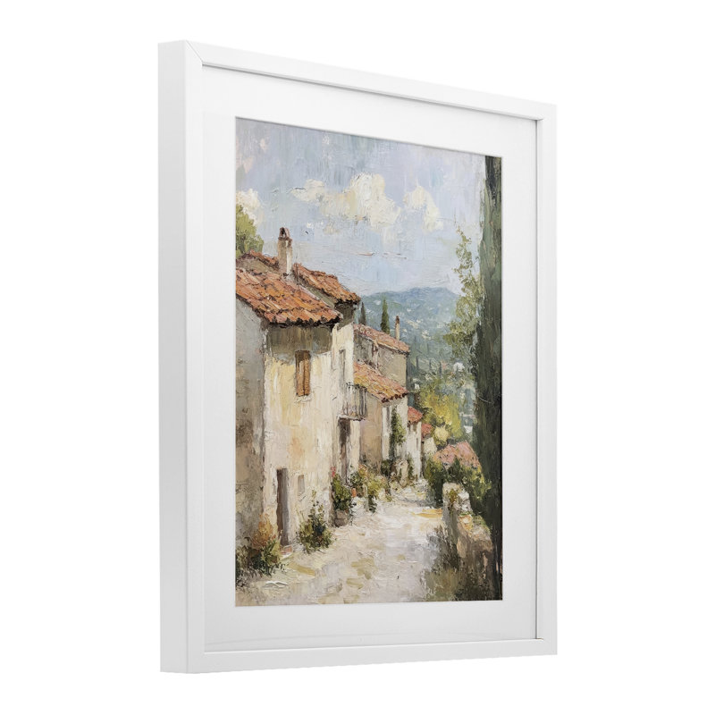 «Quiet Village Path», impression sous verre encadrée, design par Petal Prints Design, H 16 po x l 13 po, Cadre blanc côtier