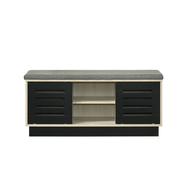 38.5"W Shoe Cabinet With Sliding Doors And Upholstered Top, Oak Finish