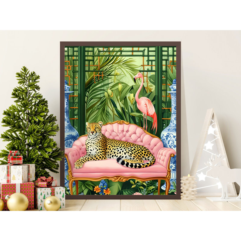 Tropical Wall Art, Leopard on Sofa, Flamingo Print, Botanical Decor, Framed Art, Multiple Sizes, Home Decor