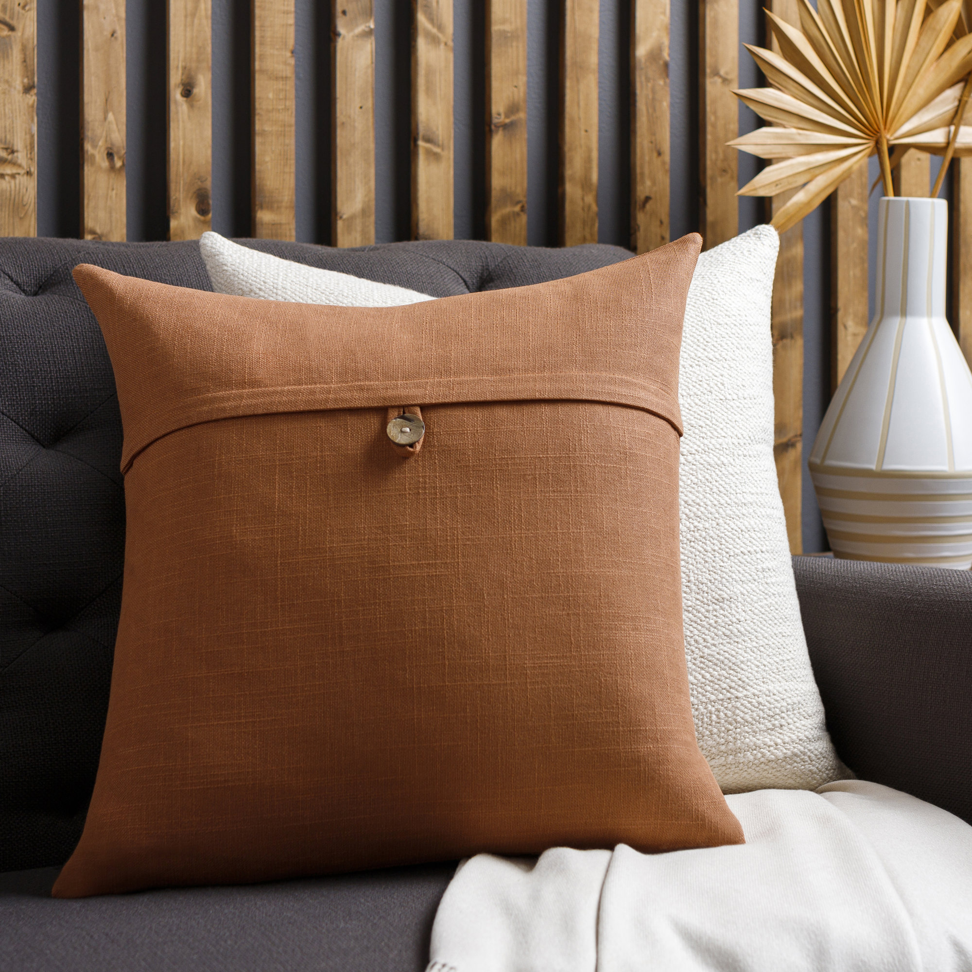 Leigh Buttons Cotton Throw Pillow, Down, 18" x 18", Brown