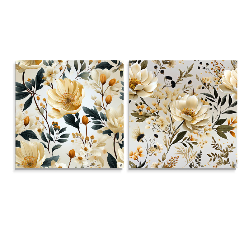 «Minimalist Neutral White Botanics» - ensemble de 2 verres muraux en acrylique, H 36 po x l 73 po