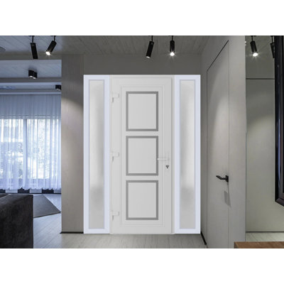 Front Exterior Prehung uPVC Metal-Plastic Manux 8661 White Silk 2 Side Sidelite Transoms Office Commercial and Residential Doors Entrance Patio Garage 68 x 80 (W16+36+16 x H80) Right hand Inswing