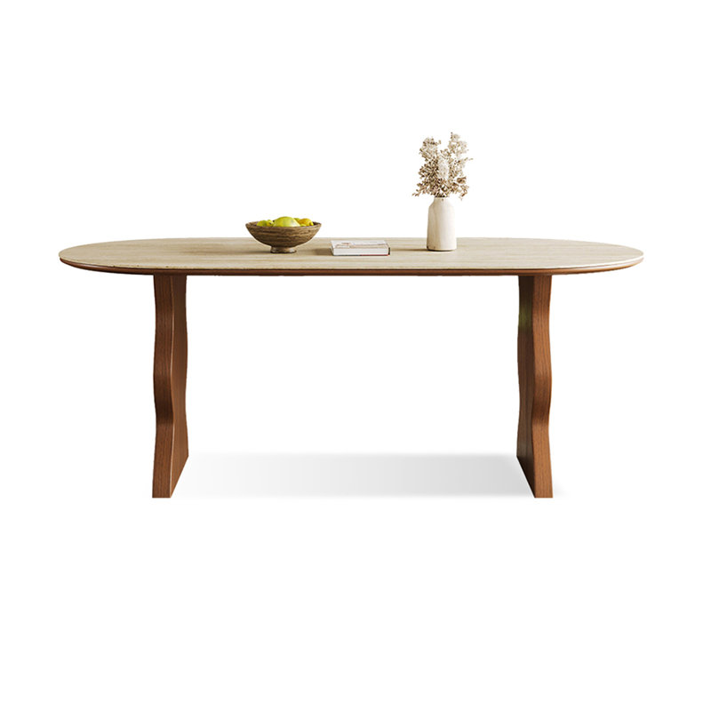 Table de salle à manger Kelford Beige + brun ovale fritté pierre + bois massif, H 29,53 po x L 62,99 po x l 31,5 po