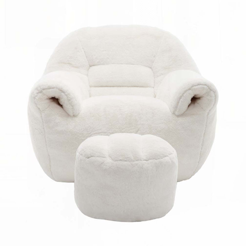 Faux Fur Bean Bag Chair With Ottoman, White