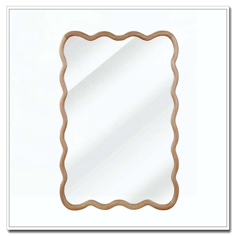 24"X36" Wavy Rectangle Solid Wood Frame Decorative Mirror, Natural Wood