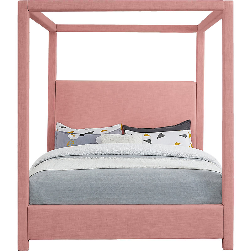 Upholstered Canopy Bed, Queen, Pink Linen