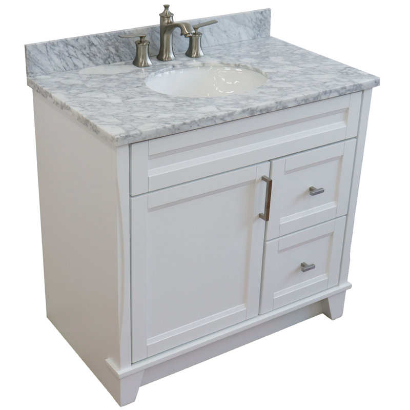 Amedea 37'' Single Bathroom Vanity with Top, White, White Carrara Marble
