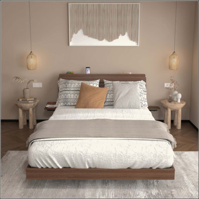 Base de lit flottante avec lumières DEL intelligentes et station de charge, lit en bois avec tête de rangement, aucun sommier requis, assemblage facile