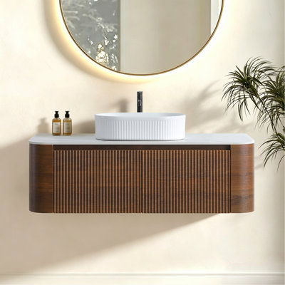 Meuble-lavabo de 48 po avec lavabo, armoire murale en noyer avec porte-serviettes gratuit, conception de lavabo simple en céramique à rayures ovales, sans drain ni robinet, pré-assemblé