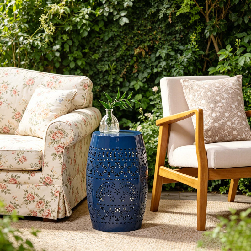 Navy Blue Lace Cut Iron Barrel-Shaped Accent Side Table, Indoor/Outdoor Use, No Assembly Required, Decorative Metal End Table For Garden, Patio, Living Room, Backyard