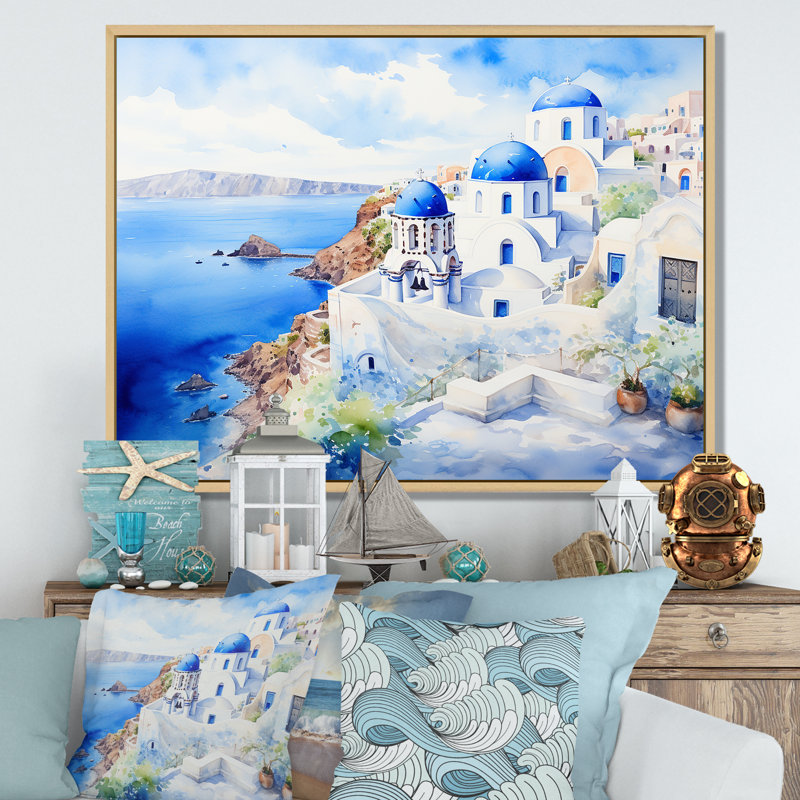 «Blue and White Greek Isles Village II - Grèce», art mural, Cadre flottant brun, H 16 po x l 32 po x P 1 po