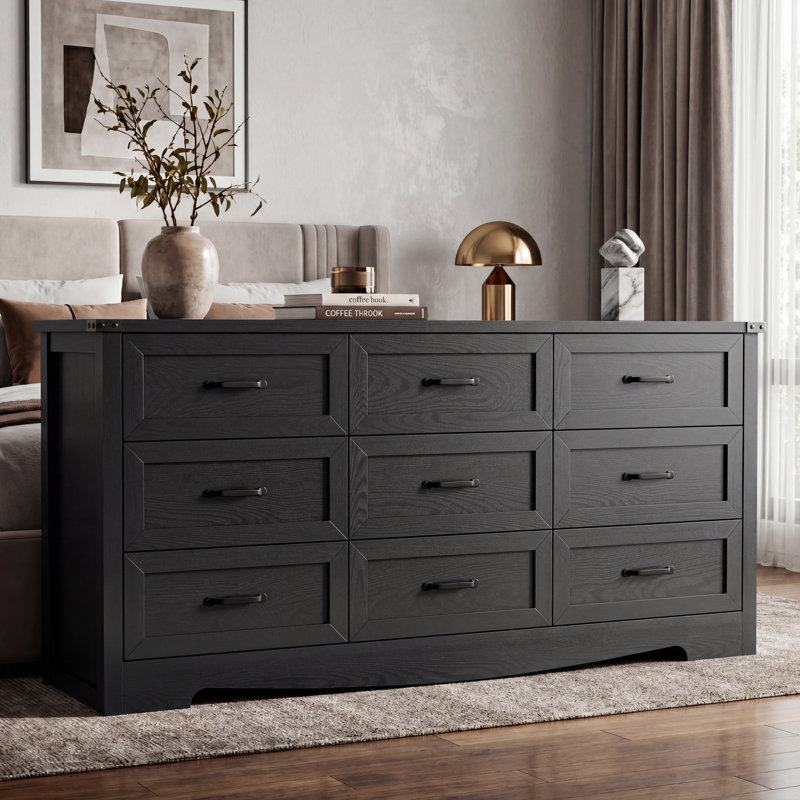 Commode de rangement à 63 tiroirs de 63 po de largeur, commode extra large en MDF avec poignées en métal, conception anti-basculement, console multimédia robuste et organisateur de vestibule