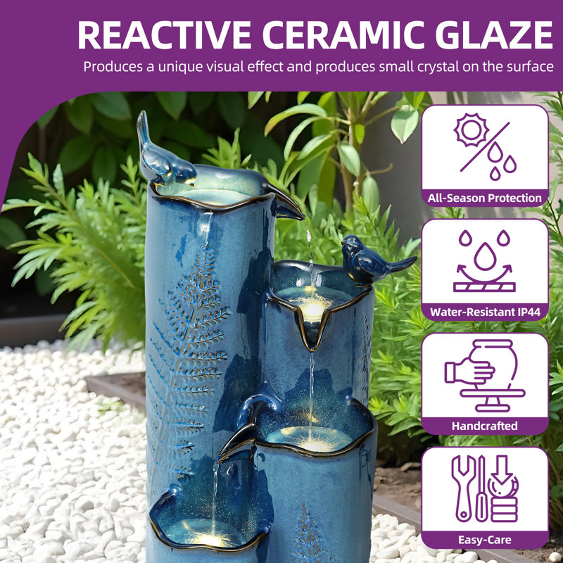 32"H 4-Tier Ceramic Outdoor Water Fountain with LED Light, Turquoise