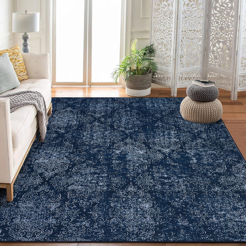 Boho Botanical Floral Area Rug - Ultra-Thin, Soft & Washable Carpet - Lightweight Throw for Living Room - 6x9ft, Blue Tint, USA Specification