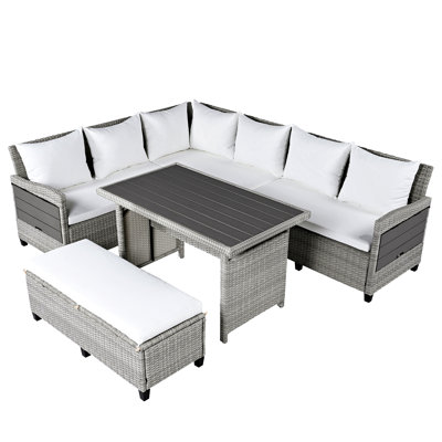 Ensemble de canapé de patio extérieur en rotin 5 pièces, ensemble de mobilier de jardin en forme de L en osier avec 2 tables d'appoint extensibles, table de salle à manger et housses lavables pour la cour, la piscine et l'intérieur