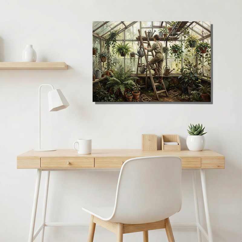 Art mural sur toile échelle de jardinier avec serre remplie de plantes, H 20 po x l 30 po