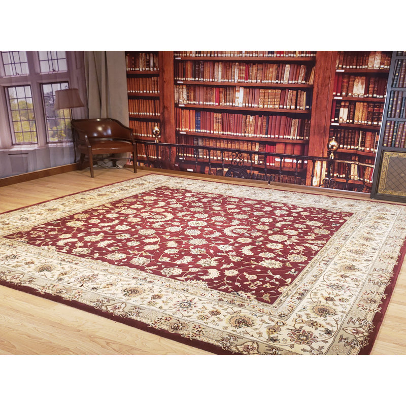 Tapis oriental élégant en soie / laine bourgogne / ivoire touffeté à la main, Carré 10 pi