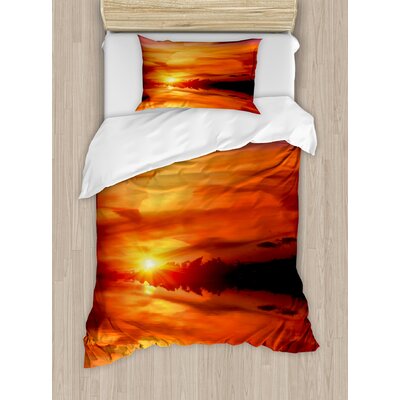 Nature Dramatic Sunset Sky Clouds on Lake Horizon Twilight Creamy Scene Artwork Duvet Cover Set -  Ambesonne, nev_35958_twin