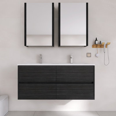 48" Floating Double Sink Vanity Set with Medicine Cabinet | Ceramic Top, Soft-Close U-Shaped Drawers & All-Wood