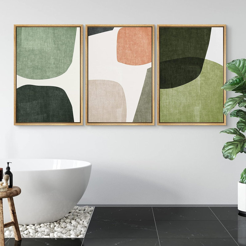 Mid-Century en forme de Tripyth vert, ovales multicolores abstraits, Mid-Century moderne, impression sur toile encadrée, 3 pièces, décoration murale