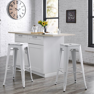 Backless Modern Light Weight Industrial Contemporary Rustic Vintage Costal Metal Bar Stools Without Back And 4 Leg Design (Set Of 2) (30" Seat, Distressed White)