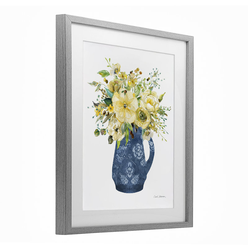 «Sunny Chinoiserie Yellow Bouquet», reproduction sous verre encadrée, design par Carol Robinson, H 21 po x l 17 po