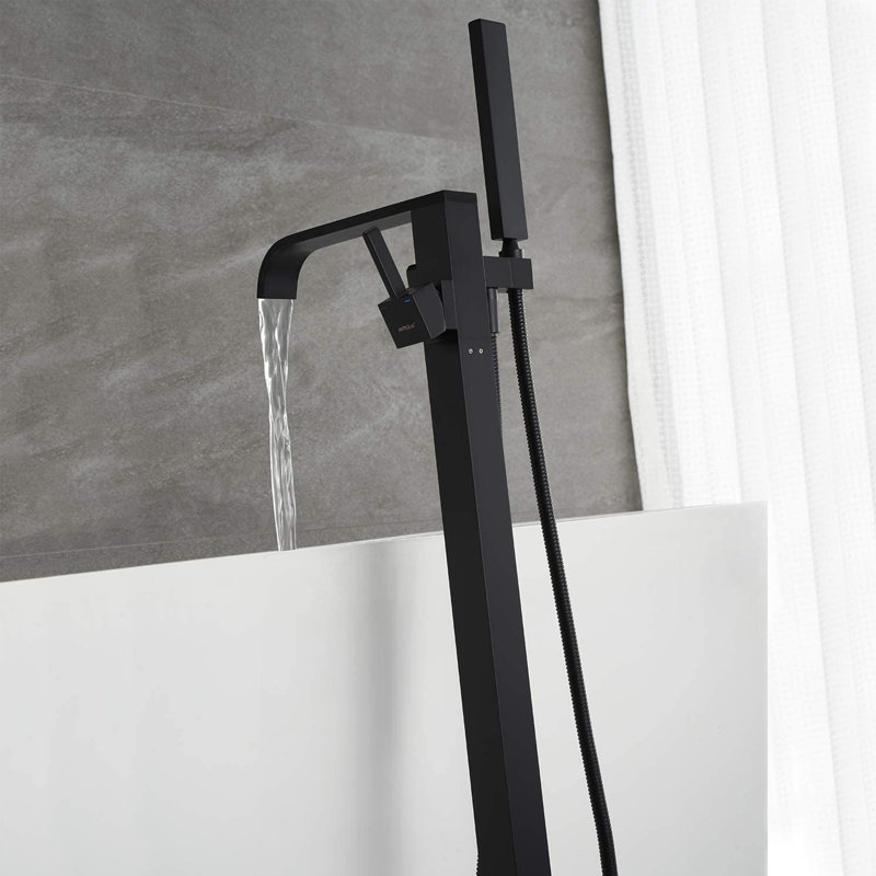 9955-Black  Matte Black Single Handle Waterfall Floor Mounted Waterfall Tub Faucet