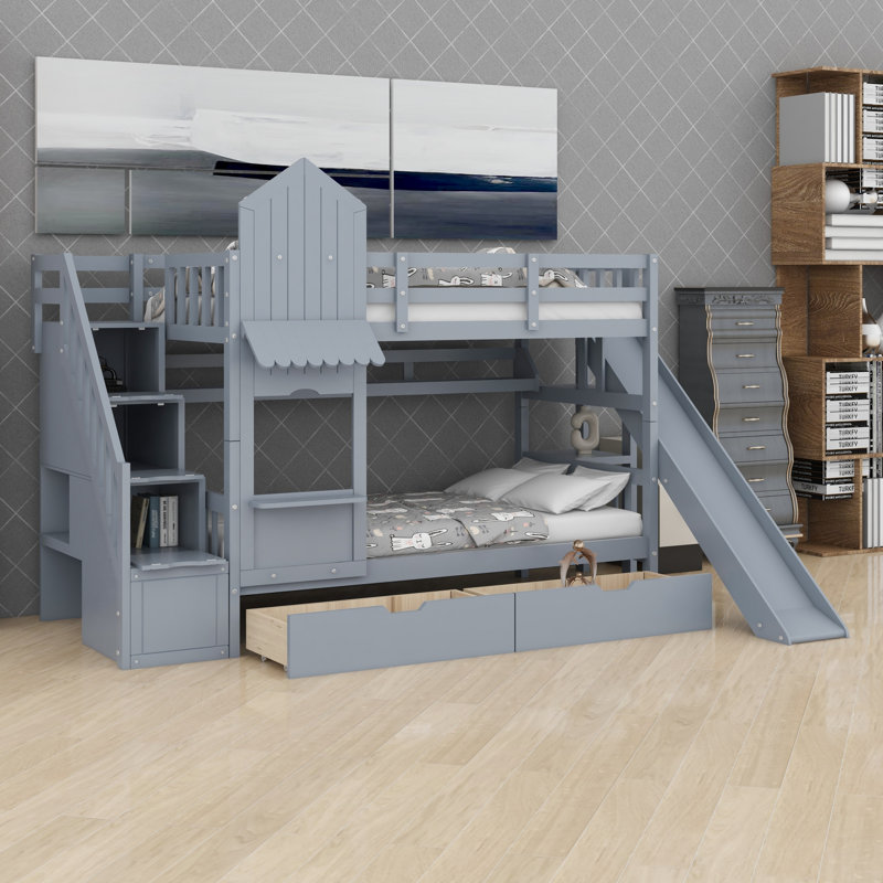Lit superposé à thème château avec 2 tiroirs, 3 tablettes et glissade, parfait pour les chambres ludiques, Twin-Over-Twin