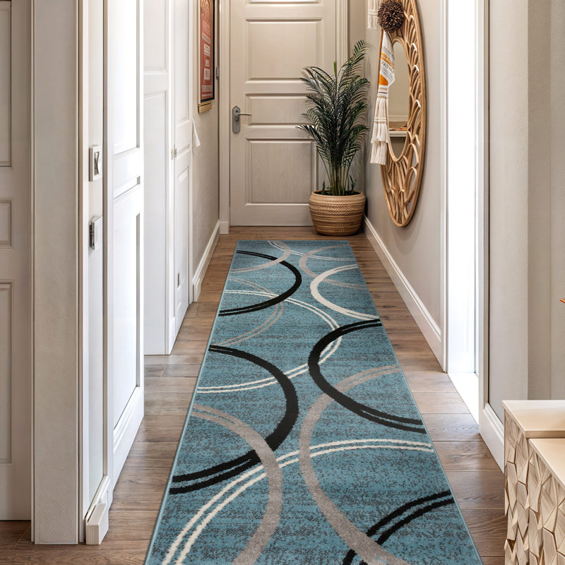 Tolchester Abstract Blue/Gray/Black Area Rug, Runner 2'7" x 12'