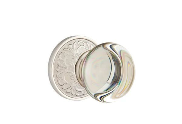 Ensemble de mortaise intérieure Emtek avec rosette Lancaster et bouton de verre Providence (droite), Nickel satiné